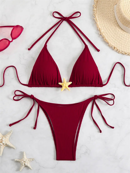 Women Swimsuits Separate Halter Bikinis Set With Chest Pad Solid Color With Starfish Beachwear Summer Vacation Two-Piece Sets