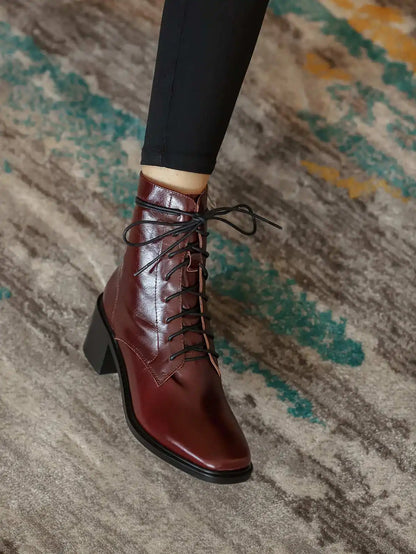 Krazing Pot 2025 Hot Sale Genuine Leather Square Toe Chelsea Boots High Heels Winter Season Lace Up Superstar Ins Ankle Boots