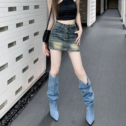 STSVZORR Vintage Embroidery Denim Half Skirt Women's Summer Skirt Water Wash Elastic Wrap Hip Short Skirt