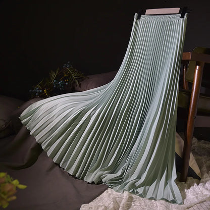 Womens Chic Pleated Swing Long Skirt with Liner Korean Fashion Kawaii Elastic High Waist OL Chiffon Shirring Mermaid Skirts K77