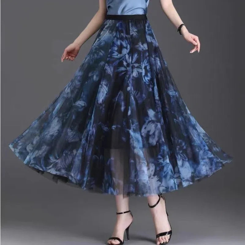 2025 High-waisted Slim Printed A-line Large Hem Skirt with Long Skirt Temperament, Fashionable and High-end