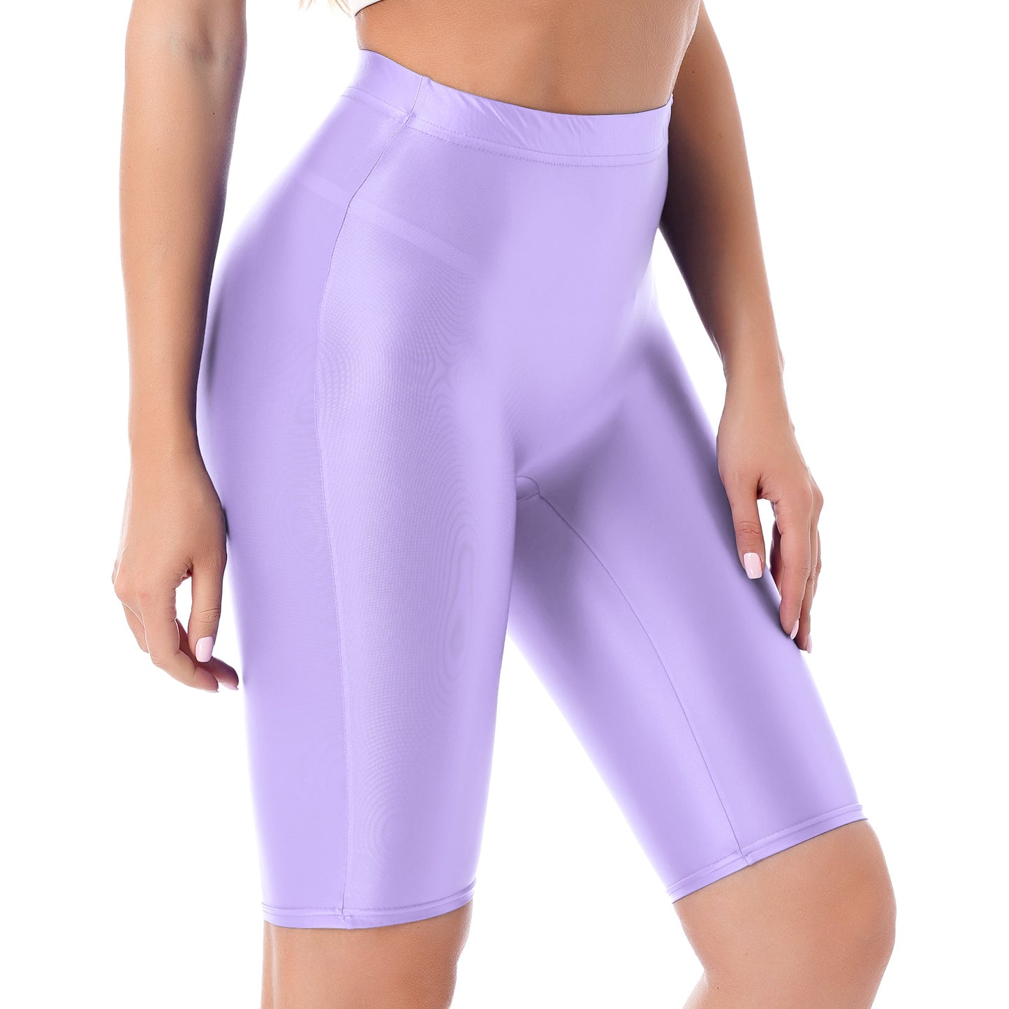 Women Glossy Shorts High Waist Fitness Short Leggings Oil Shiny Knee-Length Tights Swimming Trunks Female Workout Sports Bottoms