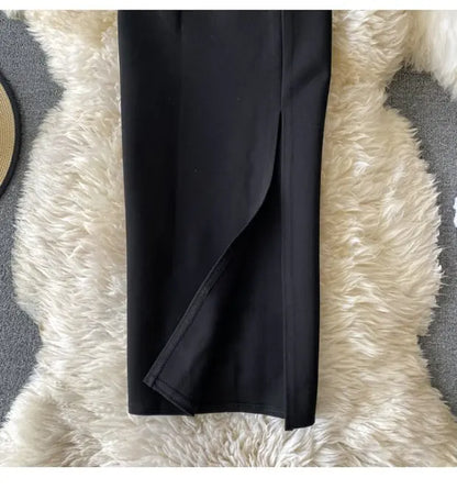 Faion High Waist  Color Midi Skirt Slimming Elastic Slit One Step OL Busin Bodycon Skirt Young Women Commute Sle