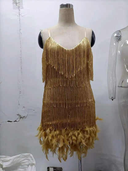 Summer Fashion Elegant Tassel Sequin Dress Women's Sexy Slim Sleeveless V-neck High Waist Suspender Feather Stitching Dresses
