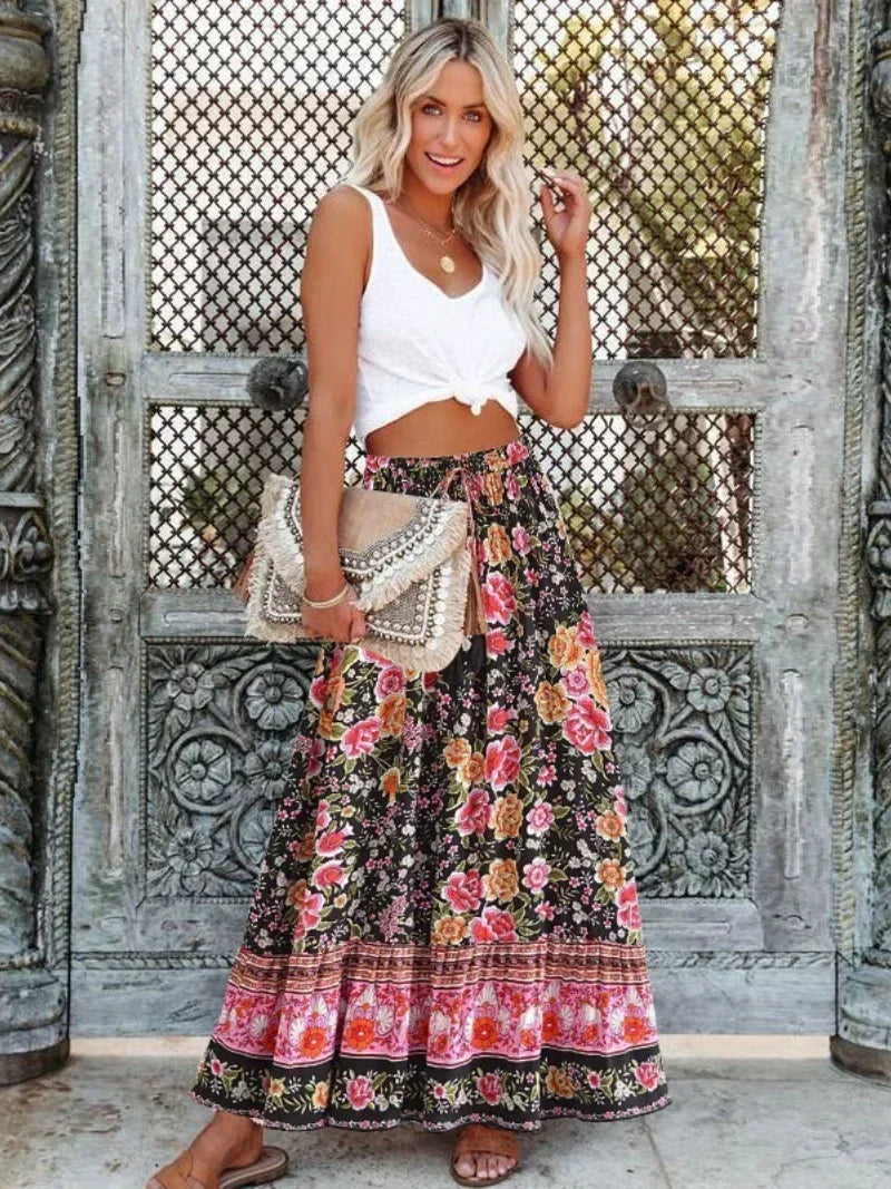 Vintage Summer Fashion Women Floral Print Beach Bohemian Pleated Skirt Beachwear Lady High Waist A-Line Rayon Boho Maxi Skirts