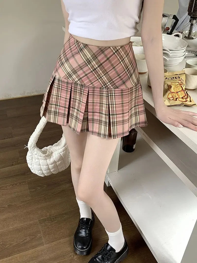 Women's High Waist Slim College Style A-shaped Anti-exposure Plaid Pleated Jk Skirt
