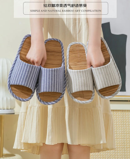 Striped Slippers Bamboo Women Autumn Home Couples Indoor House Non Slip Funny Sandals Shoes Male Soft Flat Summer For Tatami