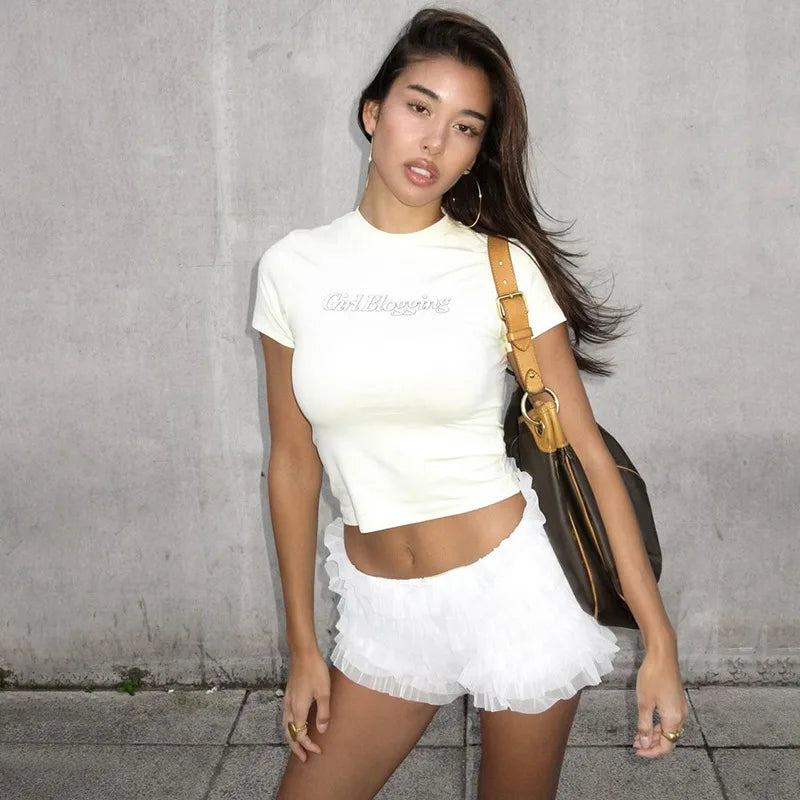BOOFEENAA Mesh Ruffled Low-rise Bloomer Shorts Y2k 2000s Womens Clothing Fashion White Black Booty Shorts Sexy Pants C70-CE17