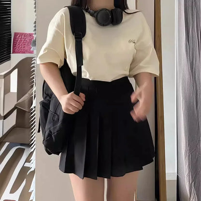 High-Waisted Slimming Pleated Mini Dress Plus Size Black Hip Covering A- Line Skirt Female Academic Style