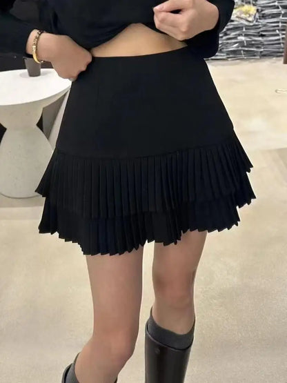 Autumn Winter Vintage Black Grey Versatile Pleated Short Skirt For Women 2025 Brown Temperament High Waist Sexy Mini Skirts Chic
