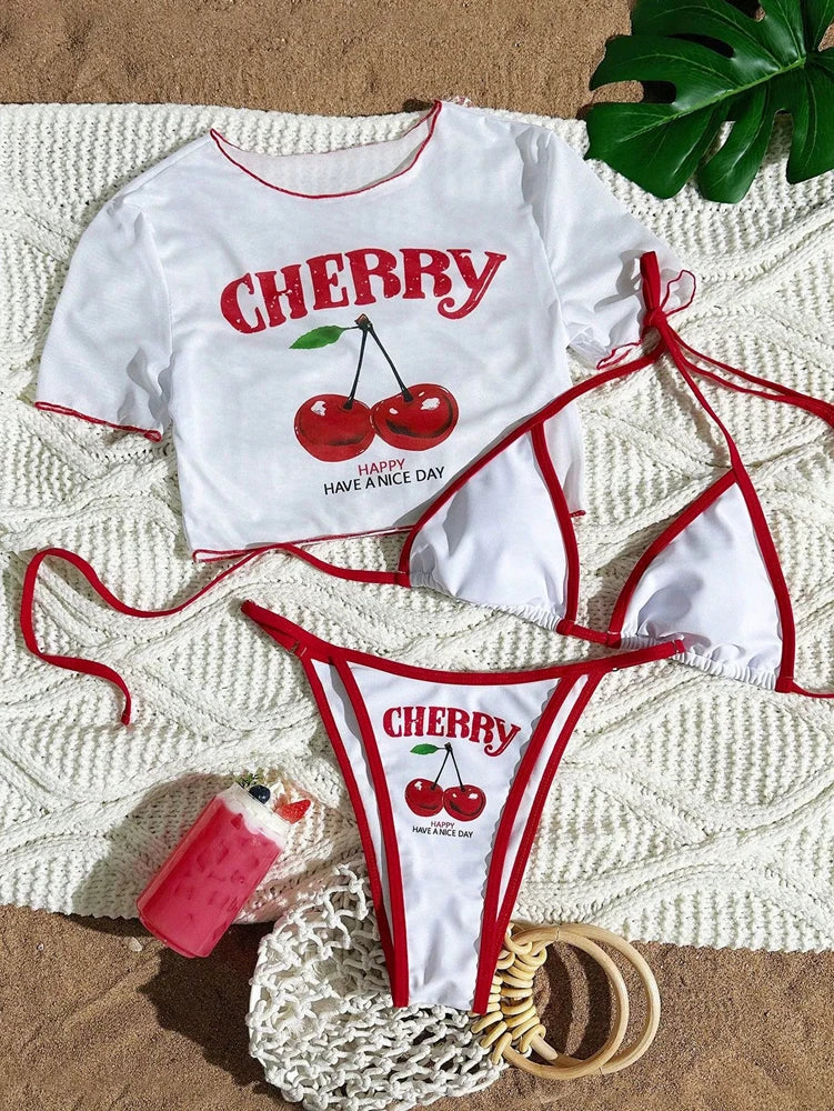 CHERRY Bikini 2026 New Sexy & Fresh Feeling Bathing Suit Three-Piece Swimsuit Print Beach Swimwear 7 Colors Size S-XL Available
