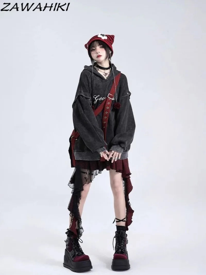 Y2K Skirts for Women Japanese Sweet Harajuku Mujer Faldas Punk Irregular Aesthetic Skirt Gauze Patch Plaid Vintage Faldas