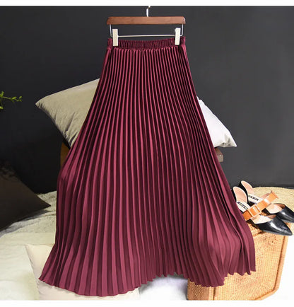 Womens Chic Pleated Swing Long Skirt with Liner Korean Fashion Kawaii Elastic High Waist OL Chiffon Shirring Mermaid Skirts K77