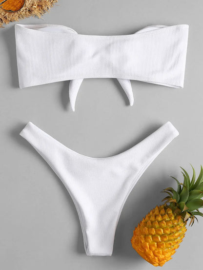 Sexy Women's Ribbed Tube Top Bikini Set White Swimsuit for Women Biquini Traje De Bano Pants Bikini Badeanzug Micro Bikini