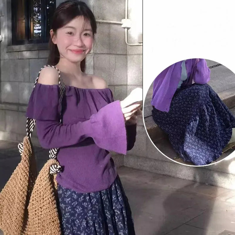 New Elegant Dark Blue Floral Women High-Waisted Retro Blue Floral Skirt Female A-line Skirt Casual Lazy Wind Long Skirt