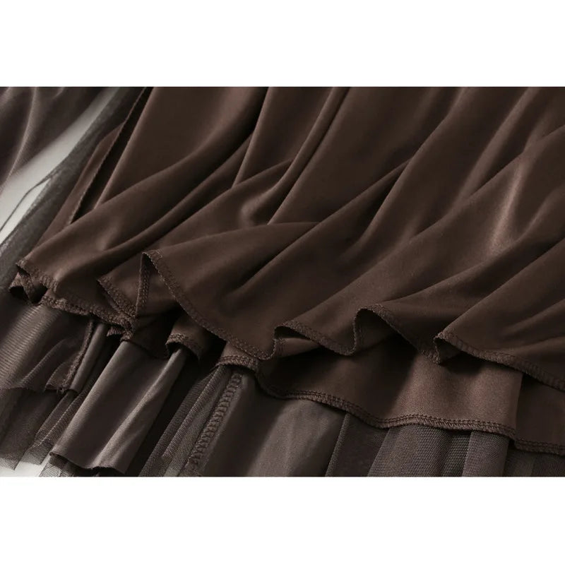 2025 Autumn Winter Velvet Mesh Patchwork Midi Skirts Women Korean Style Casual High Waist Elegant Long Skirts
