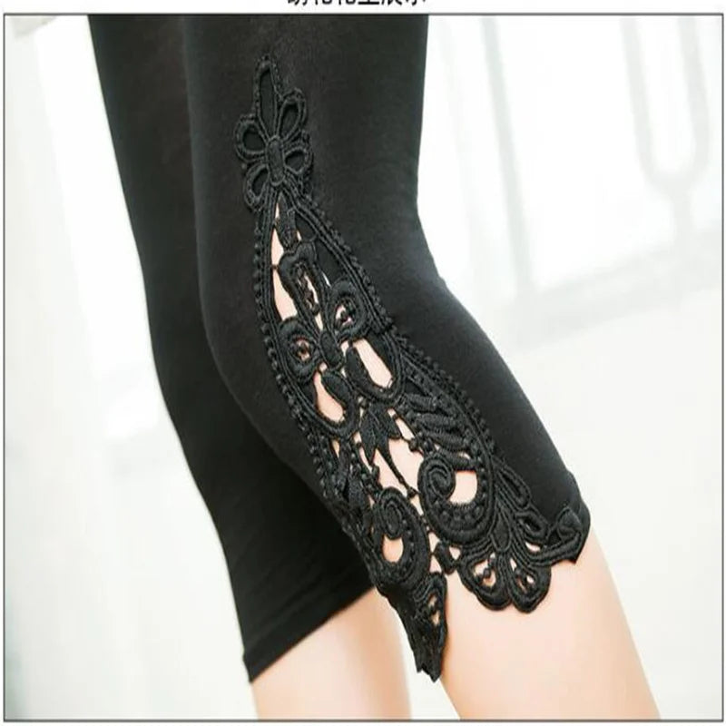 7XL Large Size Leggings For Women Summer Thin Tick 3/4 Capris Short Lace Hollow Tight Pants Black White Pink Red  6XL 5xl 4xl