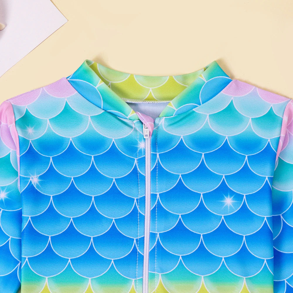 Girls Long Sleeve Swimwear One Piece Swimsuits Kids Striped Rainbow Bathing Suit Hawaiian Beach Swim Shirts for Surfing