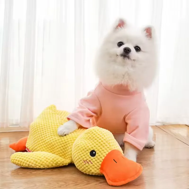 Dog sleeping with a dog hug duck toys to relieve boredom of little yellow duck pet interactive plush doll pet supplies