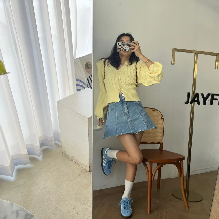 Chic High Waist A-Line  Skirt Women's Jeans ort Skirt Spring Vintage Slimming Splicing Hemming Girl's Faion Commute
