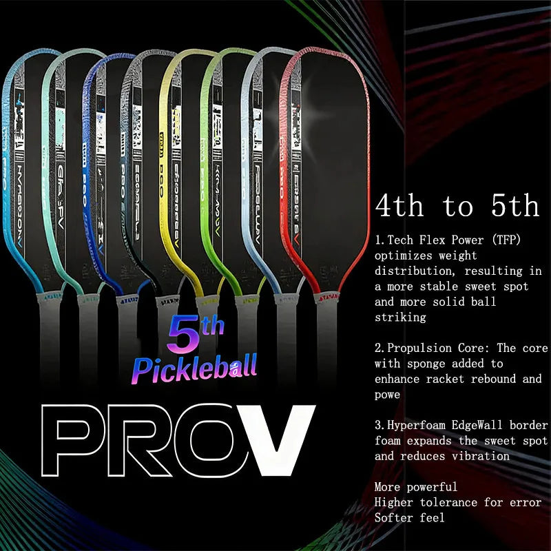 new Pro V pickleball paddle features optimized Tech Flex Power and Propulsion Core, delivering enhanced power, higher forgivenes