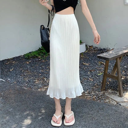 Summer New Fashion Solid Spring Wrapped Hip Fishtail Skirt Women Patchwork Elastic Waist Elegant Gentle Mid Length A-line Skirts