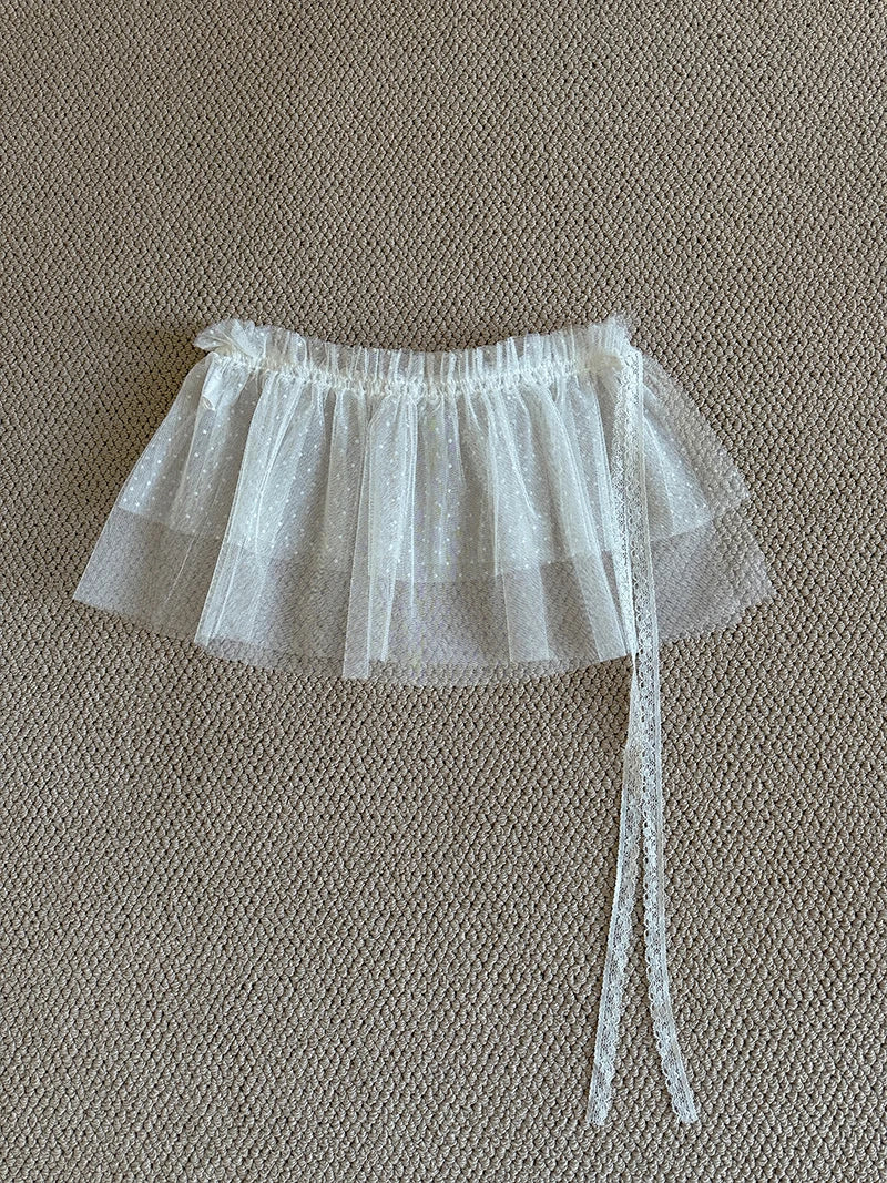 Plus size Spring All-Match French Lace Strap Design Fashion Pleated Skirt Fart Curtain Skirt Ruffle Trim Belted A- Line Skirt