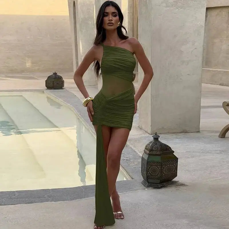 Avrilyaan Mesh Patchwork Backless Sexy Dress Women 2025 Nightclub Party Dress One-Shoulder Ruched Bodycon Mini Summer Dress