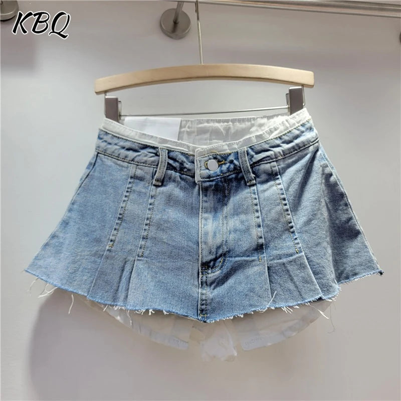 KBQ Temperament Slim Fit Denim Mini Slirts For Women High Waist Spliced Button Daily Casual Commute Skirt Female Fashion Style