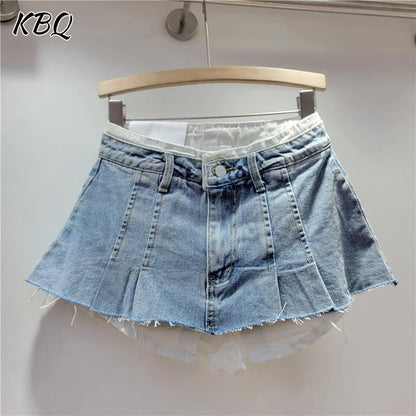 KBQ Temperament Slim Fit Denim Mini Slirts For Women High Waist Spliced Button Daily Casual Commute Skirt Female Fashion Style