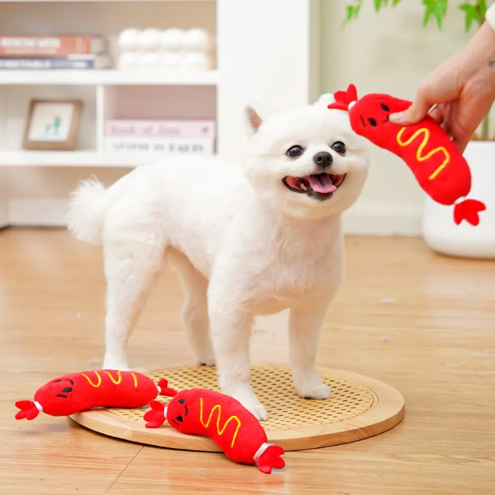 Dog Sound Plush Toy Hot Dog Chewing Toy Pet Grinding Teeth Squeaky Plush Toy Puppy Bite-resistant Interactive Chew Toy ﻿