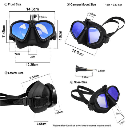 Professional Wet Low Volume Freediving Mask, Tempered Glass dive Mask, J-Type Diving Mask, Snorkel Set, With Go-Pro Camera Mount