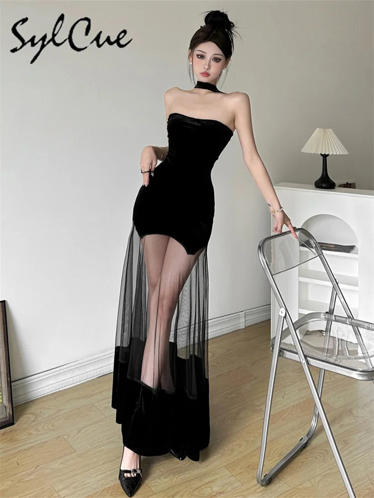 Sylcue Winter Party Black Mysterious Sexy Mature Beautiful Elegant Graceful Sweet Gentle Women'S Halter Tulle Stitching Dress
