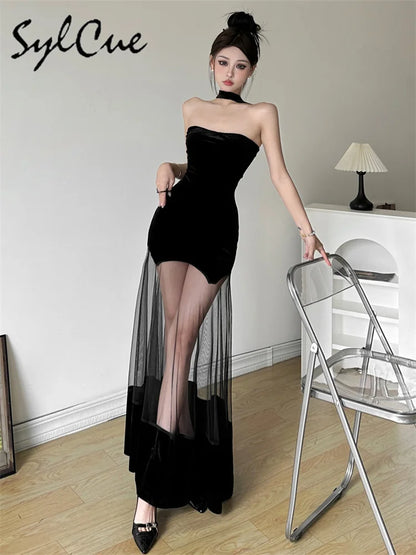 Sylcue Winter Party Black Mysterious Sexy Mature Beautiful Elegant Graceful Sweet Gentle Women'S Halter Tulle Stitching Dress