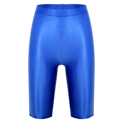 Women Glossy Shorts High Waist Fitness Short Leggings Oil Shiny Knee-Length Tights Swimming Trunks Female Workout Sports Bottoms
