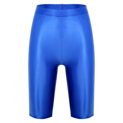 Women Glossy Shorts High Waist Fitness Short Leggings Oil Shiny Knee-Length Tights Swimming Trunks Female Workout Sports Bottoms