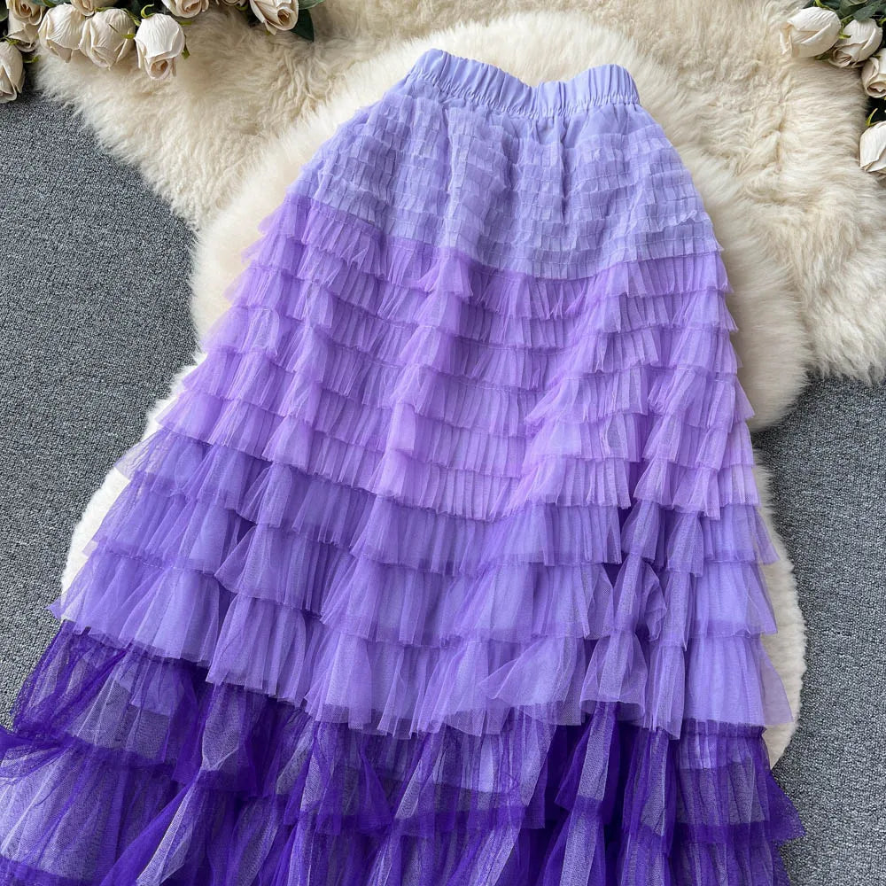 Voille Skirts Women Gradient Y2k High Waist Elastic Jupe Ladies Tulle Mujer Faldas Ruffles Long Female Mesh Skirt Dropshipping