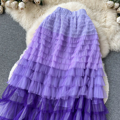 Voille Skirts Women Gradient Y2k High Waist Elastic Jupe Ladies Tulle Mujer Faldas Ruffles Long Female Mesh Skirt Dropshipping