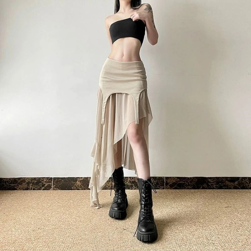 Deeptown Vintage Sexy Slit Skirt Women Y2k Elegant Irregular Sweet Ruffle Skirts Korean Style Tulle Streetwear Layered Skirts