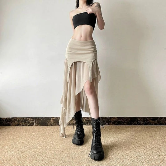 Deeptown Vintage Sexy Slit Skirt Women Y2k Elegant Irregular Sweet Ruffle Skirts Korean Style Tulle Streetwear Layered Skirts