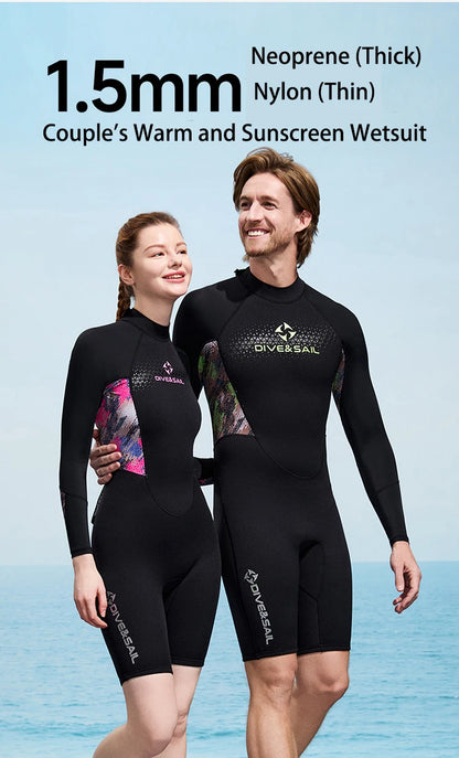 Men Women Wetsuit Shorty 1.5mm Neoprene + Lycra Thermal Swimsuit Diving Suits Front Zipper UV Protection Long Sleeve Surf Suits