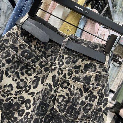 Vintage Broken Holes American-style Denim Shorts Women Casual High Waist Sexy leopard print Female Summer Baggy wide-legged hot