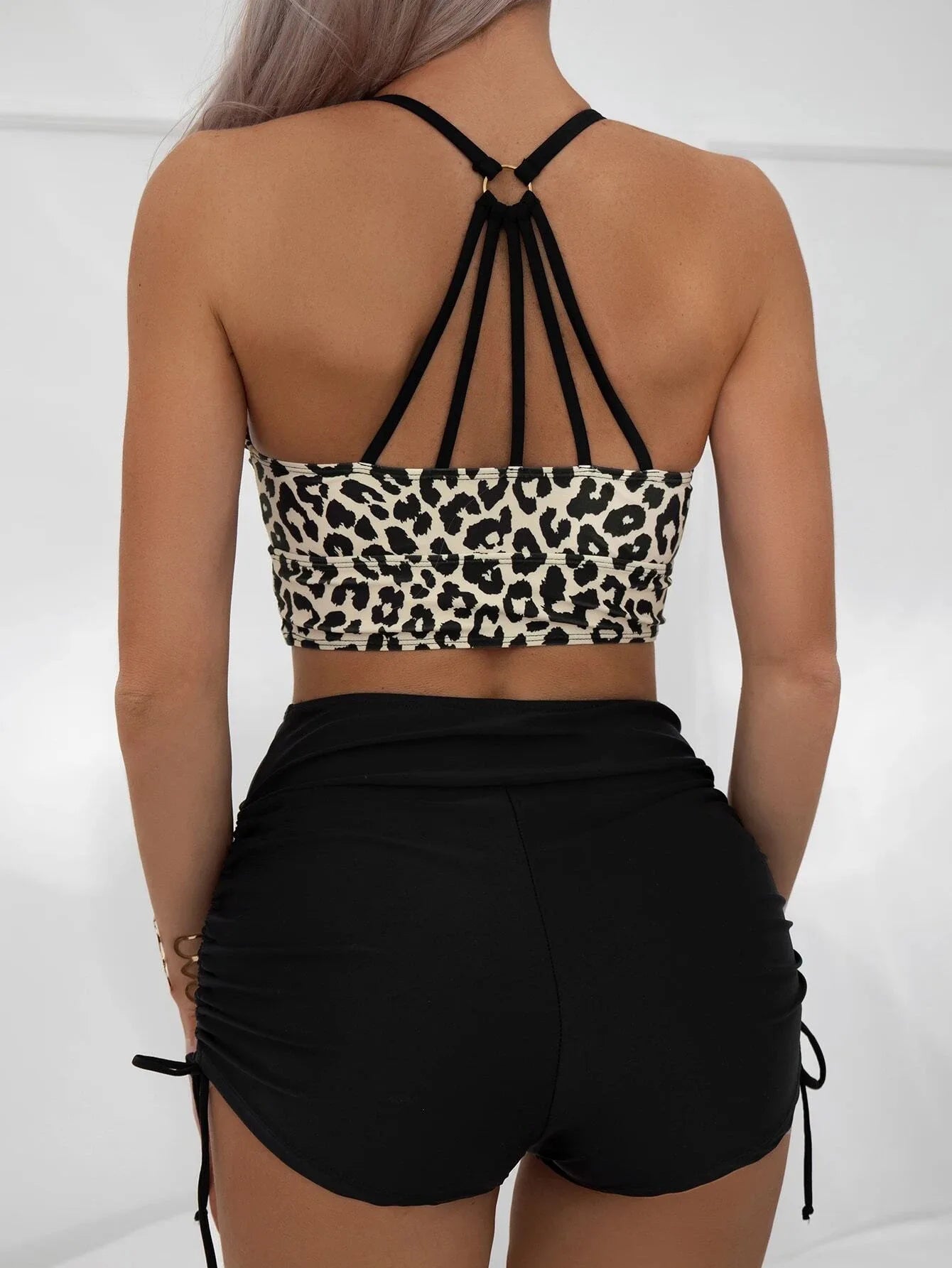 Vintage Leopard Print Bikini Women Metal Ring Hollow Backless Drawstring High Waist Swimsuit 2025 Beach Bathing Suit Swimwear