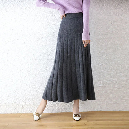 High-end 2022 Autumn/Winter New 100% Pure Wool Women's Thick Warm Elegant Pleated Skirt Fashion A Line Knitted Skirt 4 Colors