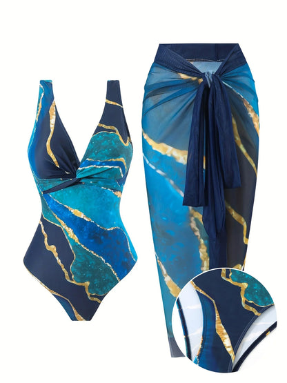 2 Piece Swimsuits, V Neck High Stretch One-piece Bathing-suit & Cover Up Sarong Skirt, Women's Swimwear & Clothing