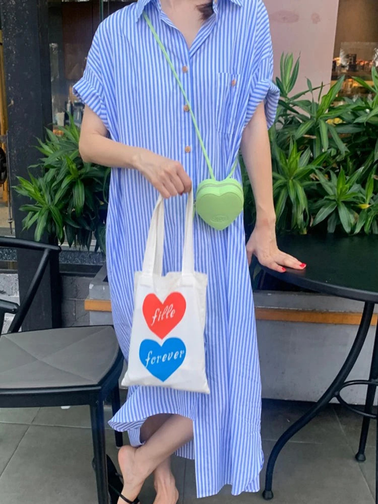 Fashion Summer Striped Loose Women Dress Turn-down Collar Ankle-Length Lady Dress Casual Short Sleeve Women Dresses  8386