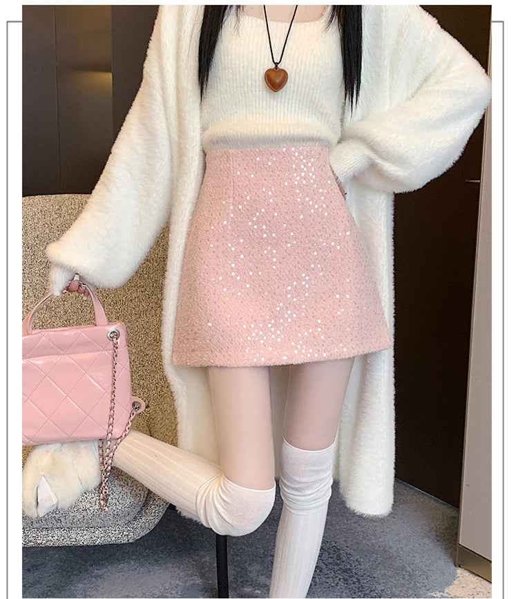Fashion Y2K Streetwear Winter Mini Skirt Women Glitter Sequin Bodycon Tweed Skirts With Shorts A-Line Pink White Black Faldas