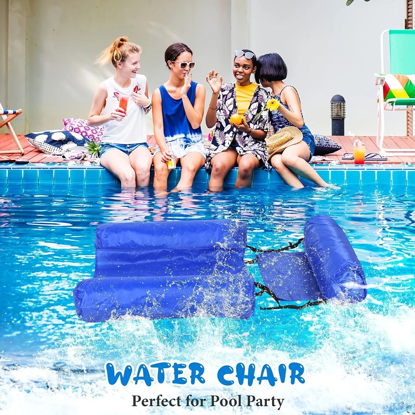 3-Tube Inflatable Pool Float Lounge, Foldable Colorful Pattern Floating Raft, Portable Pool Party & Beach Tanning Lounger Float