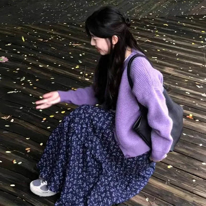 New Elegant Dark Blue Floral Women High-Waisted Retro Blue Floral Skirt Female A-line Skirt Casual Lazy Wind Long Skirt