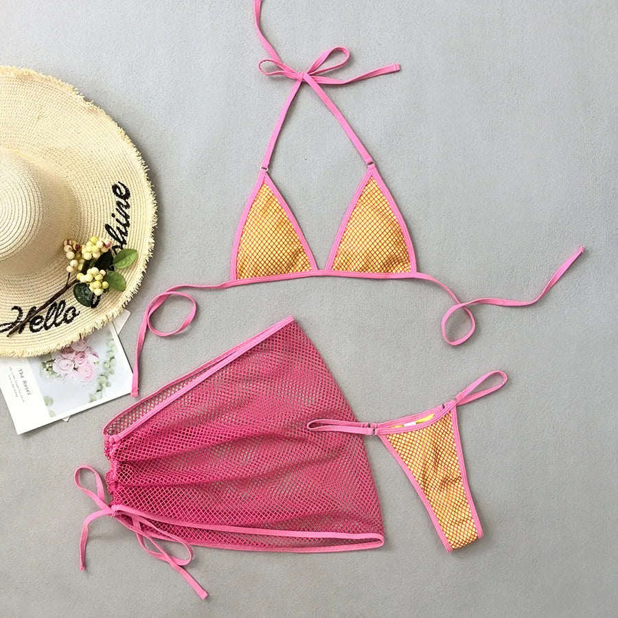 SINGREINY Mesh Sheath Sexy Bikini Sets Female Mini Camis Briefs+Short Skirt Set Fashion Drawstring Sensual Beach 3 Pieces Suits